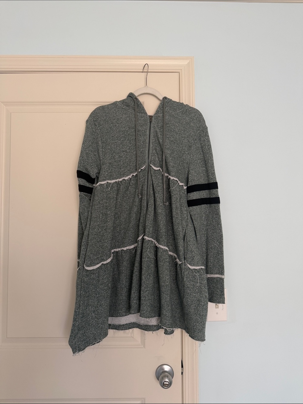 white birch Gray Tiered Hooded Zip Front Sweater with Black Stripe Sleeves